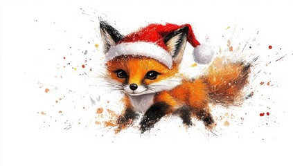 Cute Baby Fox in Santa Hat with Watercolor Splashes on White Background - Thomas W Schaller Style Hyperrealistic Painting