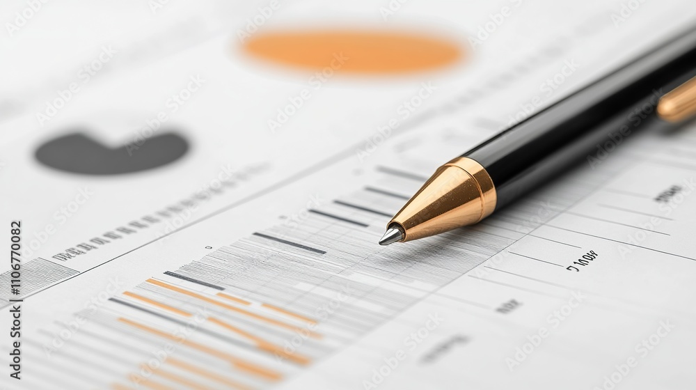 Aufkleber a close-up of a pen resting on a financial report with graphs.