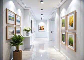 Elegant White Hallway Interior with Wall Mockup for Modern Design Inspiration, 3D Rendered Space Showcasing Bright, Minimalist Aesthetic