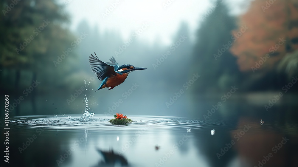 Poster A kingfisher hovering above water, creating ripples in a tranquil setting.