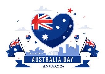 Happy Australia Day Vector Illustration Celebrating 26 January, Featuring a Map and a Waving Australian Flag in a Background for a National Holiday