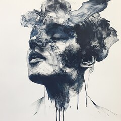 Abstract Ink Portrait: Ethereal Woman, Soulful Expression