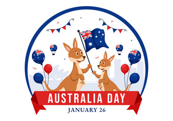 Fototapeta premium Happy Australia Day Vector Illustration Celebrating 26 January, Featuring a Map and a Waving Australian Flag in a Background for a National Holiday