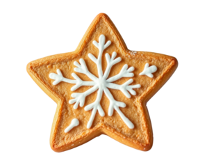 Star-Shaped Christmas Cookie with White Icing Snowflake Design on Transparent Background, Festive Holiday Treats. 