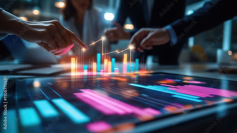 Poster business professionals analyzing data on a digital screen with graphs.