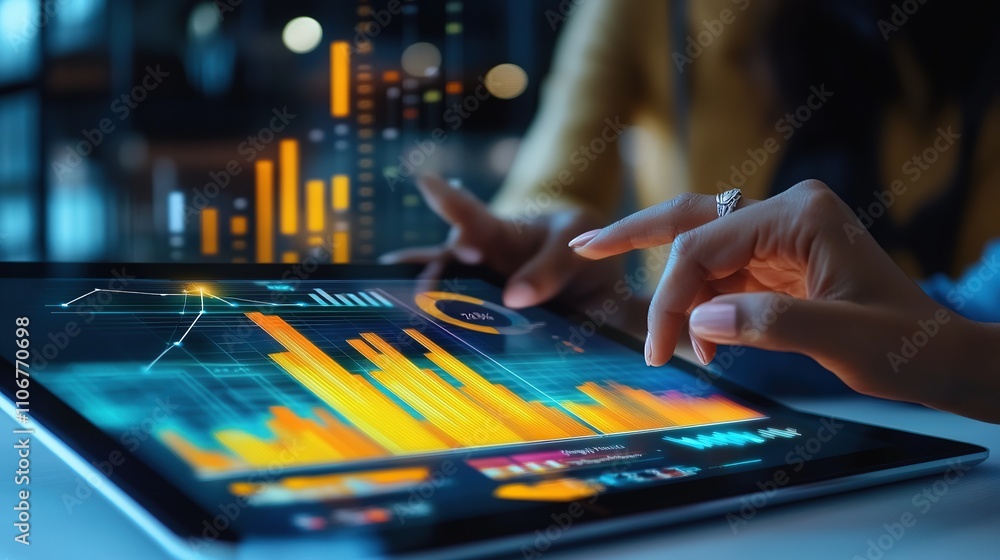 Poster hands interacting with a digital tablet displaying colorful data visualizations.