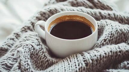 Obraz premium A white mug of hot coffee nestled in a cozy knitted blanket.