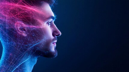 Obraz premium Futuristic side profile of a man with glowing neural pathways, symbolizing artificial intelligence, creativity, and digital evolution