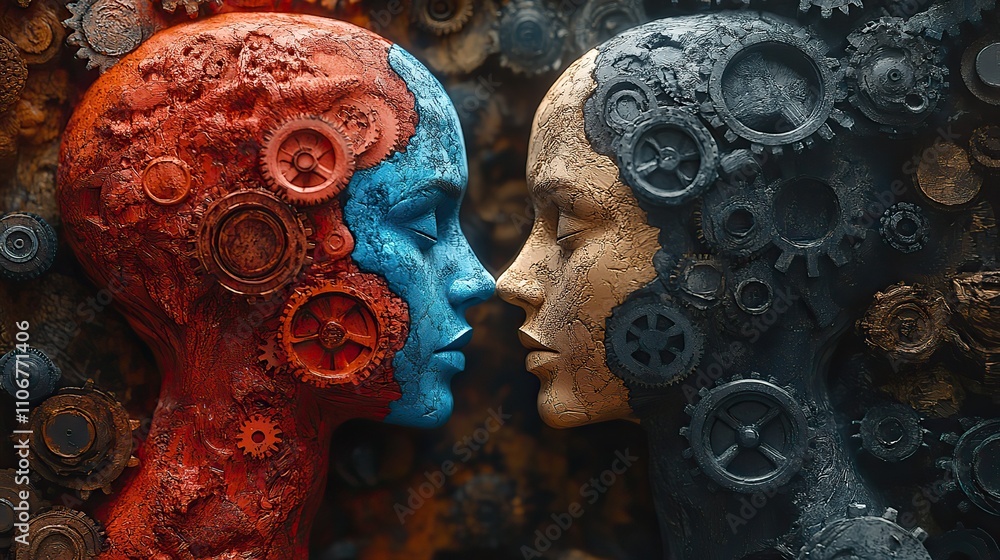 Poster a 3d abstract image of two colorful dimensional heads surrounded by gears