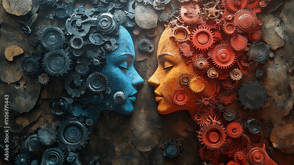 Poster a 3d abstract image of two colorful dimensional heads surrounded by gears