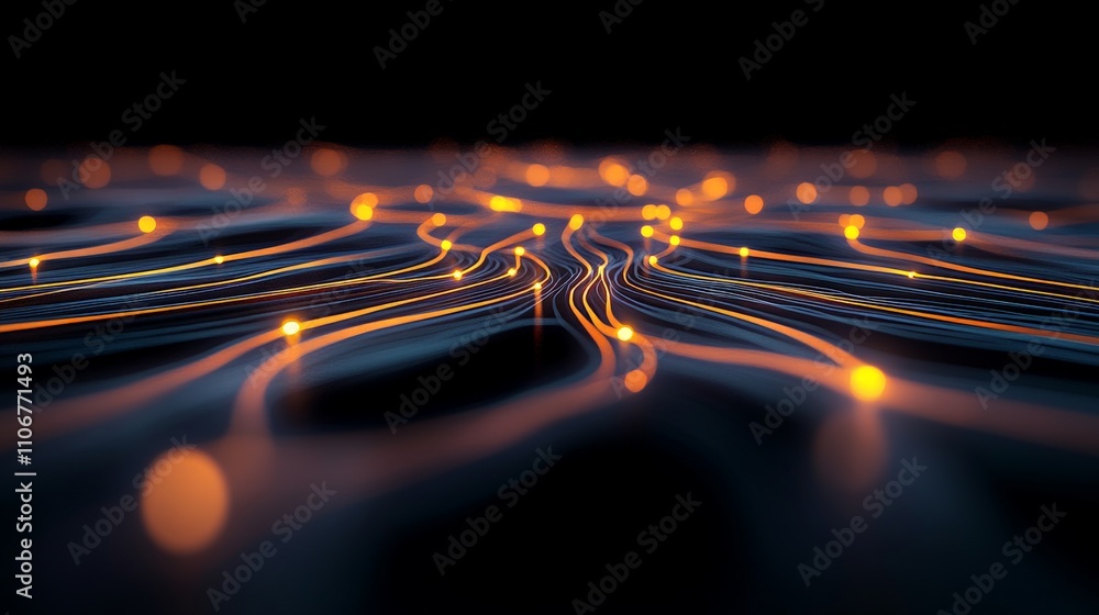 Poster close up of interconnected glowing circuits in orange and black showcasing the intricate layout of f