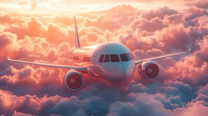 A 3D airplane amidst clouds conveys a travel theme ideal for booking and travel services