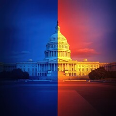 Fototapeta premium US Capitol Building Split in Red and Blue Gradient Lighting and Exterior at Dusk with Blurred Background - High Resolution Realistic Style Photo