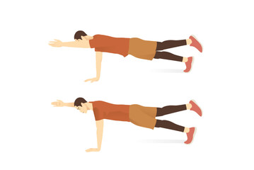 Man doing bird dog exercise to train core muscle in 2 step. Illustration about workout posture for six pack.