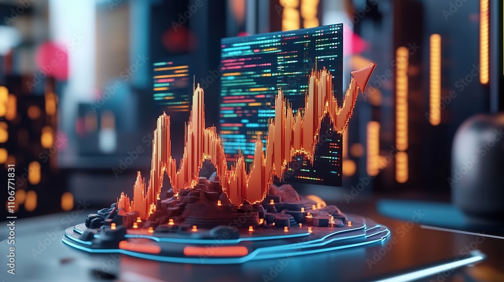 Poster 3d visualization of data trends with vibrant color graph on a digital display.