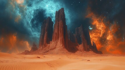 A surreal desert landscape with towering rock formations under a cosmic sky.