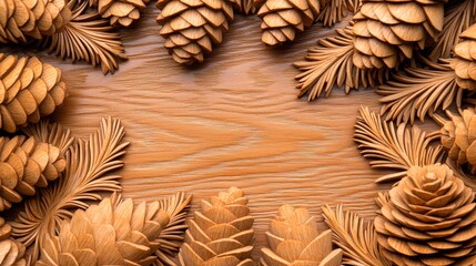 Christmas Pine cones and needles border concept. Handcarved wooden pine cones and needles, intricate design, artisan Christmas decor