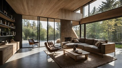 Modern House with luxury hotel style and country-inspired interior, featuring minimalist design, natural materials, and serene settings, perfect for high-end stock (AI GEN)