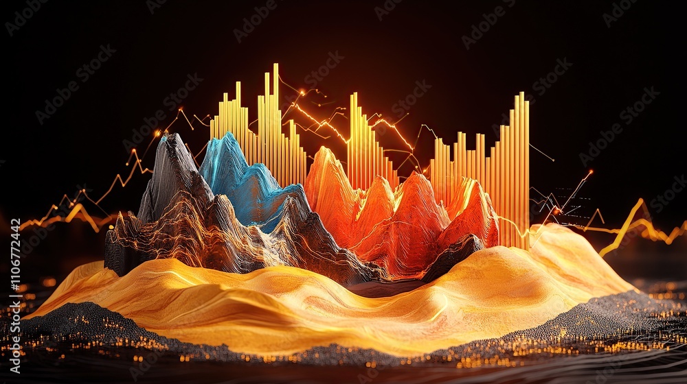 Poster a vibrant 3d visualization of data represented as mountains and bars.