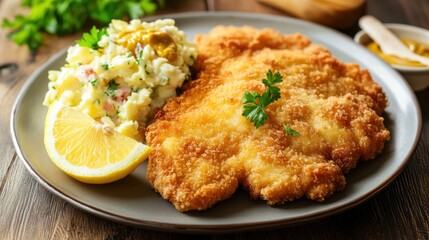 Naklejka premium A traditional German schnitzel with golden-brown breading, served with a side of potato salad, Schnitzel centered