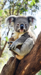 Cute koala clings to tree branch, surrounded by greenery in sunny wildlife setting