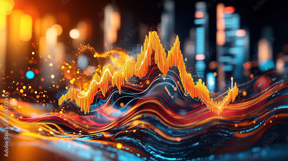 Poster abstract digital graph depicting fluctuating data trends and analysis.