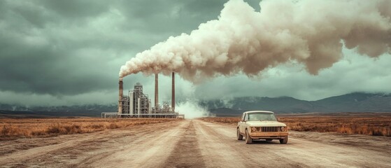 Fototapeta premium Industrial pollution mitigation strategies manufacturing plant environmental impact assessment rural landscape aerial view sustainability awareness