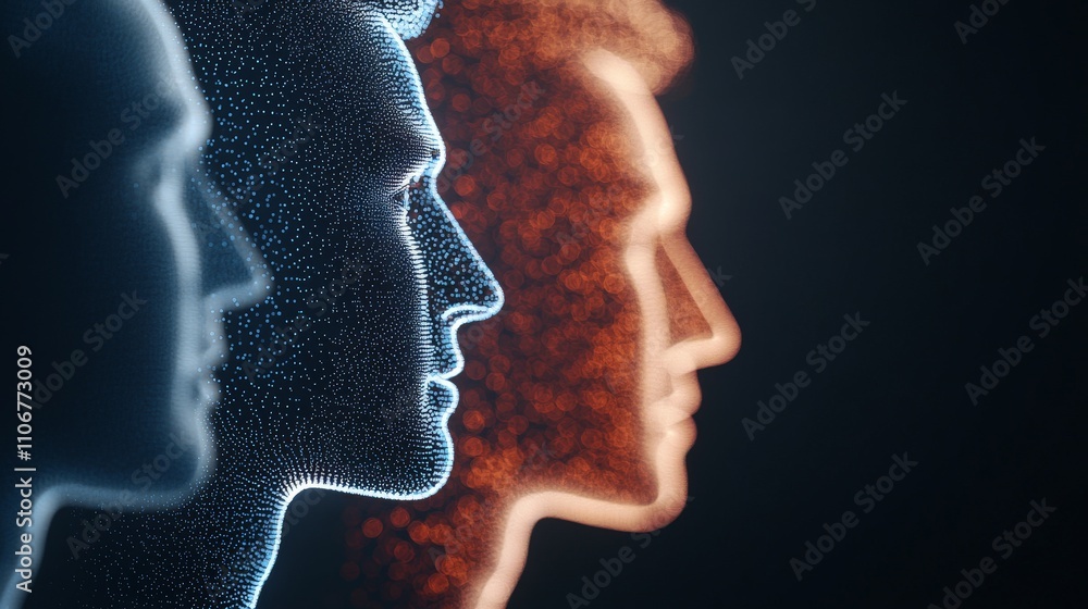 Poster side profile of a man and a woman composed of glowing particle textures in red and blue, representin