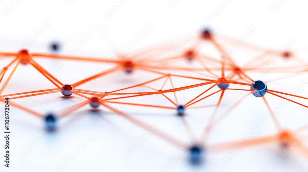 Poster abstract network of glowing red and blue nodes connected by fine lines, symbolizing data transfer, b
