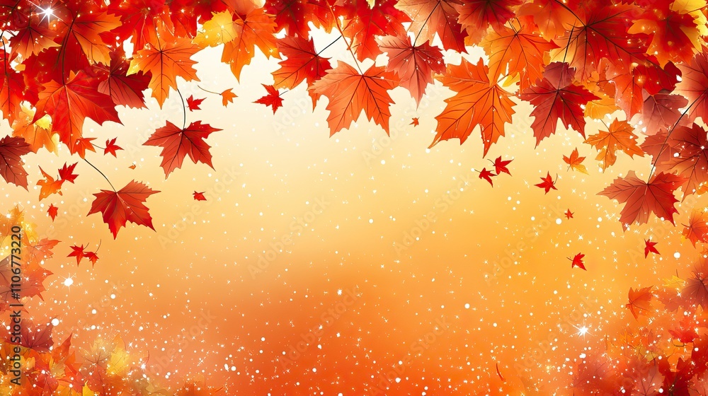 Poster a background with maple leaves and stars in the center with an orange gradient background