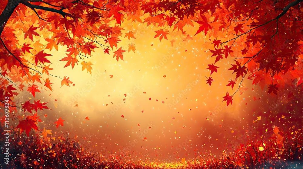 Poster a background with maple leaves and stars in the center with an orange gradient background