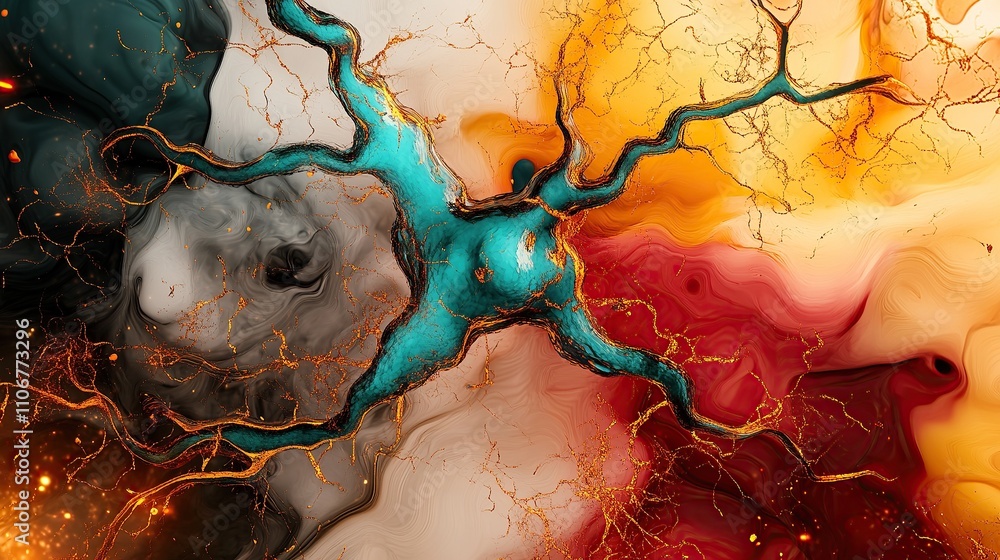Aufkleber abstract image with vibrant colors and fluid shapes resembling neural connections.