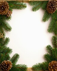 Fototapeta premium Christmas Pine cones and needles border concept. Rustic pine border with burlap and twine, charming farmhouse Christmas theme