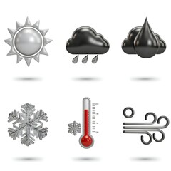 Fototapeta premium Photorealistic 3D Weather Symbols in Black and White, Weather Icon Set on White Background