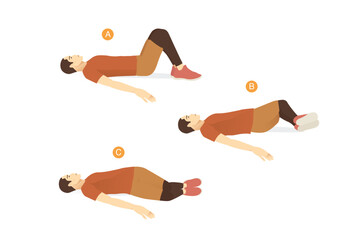 Man doing Lower Trunk Rotation Hip Internal Focus exercise for Rehabilitation and Flexibility. Lying on back and raising knees up for bend and twist into the side.Can help therapy Piriformis syndrome.