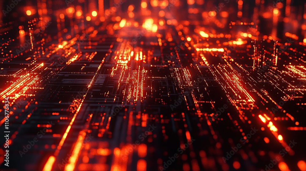 Poster abstract digital landscape with glowing red and orange data streams.