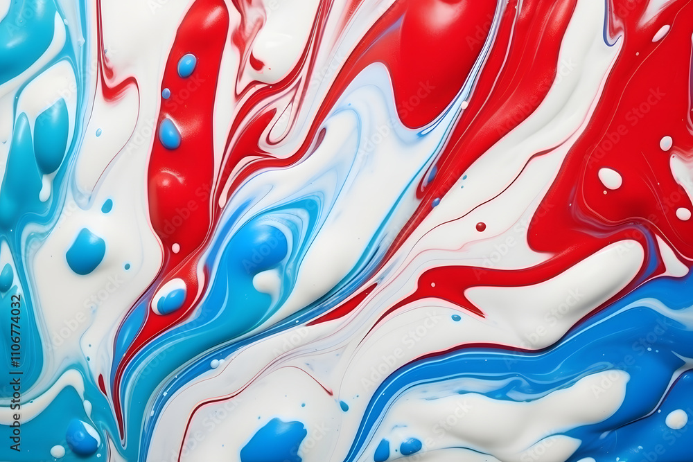 Poster abstract swirl of red, white, and blue paint creating a dynamic visual texture.
