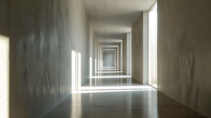 Fototapeta premium The end of a hallway illuminated by natural window light, rendered in 3D.