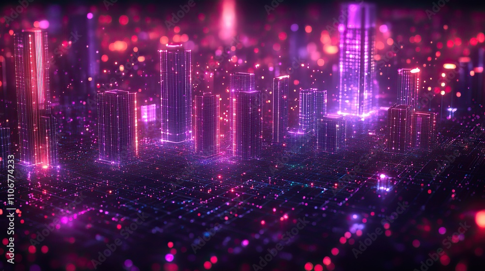 Poster a background with purple and blue lines on a dark black background represents a digital data technol