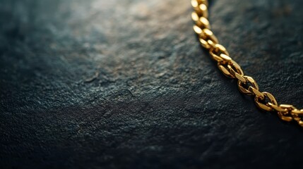 Close-Up Shot of a Shiny Gold Chain on a Dark Textured Background Showcasing the Intricate Links and Reflections of Light for Elegant Jewelry Display