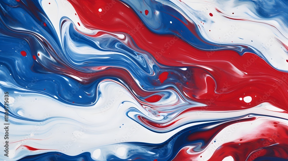 Poster abstract swirling pattern in red, white, and blue hues, creating a dynamic visual effect.