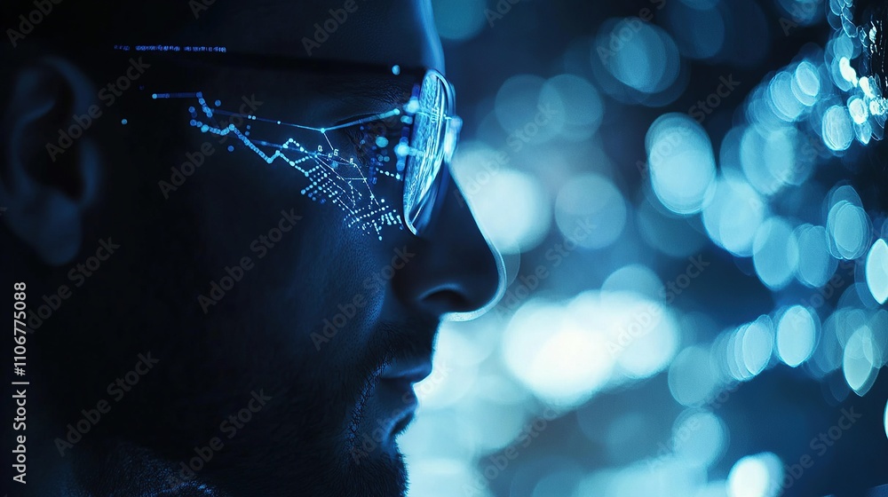Poster a profile view of a man wearing glasses with digital data visuals reflected.