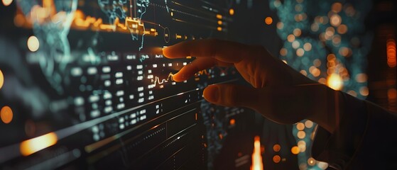 A person's hand interacts with a futuristic, glowing digital interface displaying data visualizations and charts.  The scene is dark and moody, illuminated by the screen's vibrant colors.