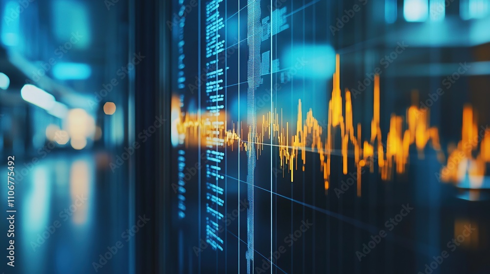 Poster a digital visualization of data trends with an abstract waveform display.