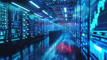 A futuristic data center filled with glowing servers and digital displays, showcasing advanced technology and data flows in a vibrant blue environment.