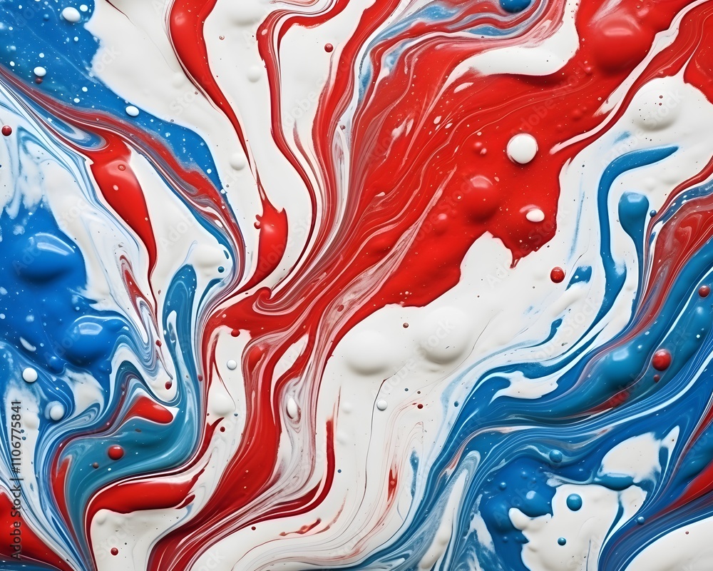 Poster abstract swirling pattern of red, white, and blue paint creating a dynamic visual effect.