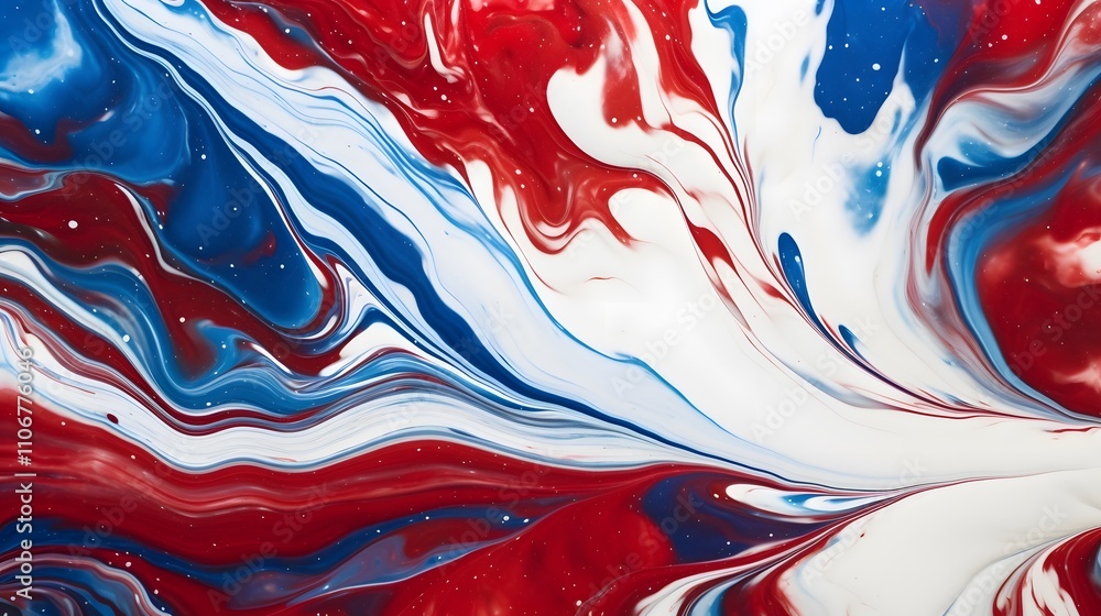 Poster abstract swirling patterns in red, white, and blue create a vibrant, dynamic visual effect.