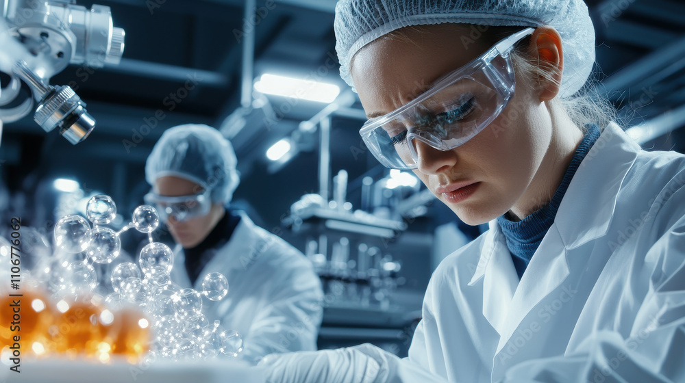 Poster focused scientist in lab synthesizes nanomaterials, showcasing precision and innovation. dynamic sce