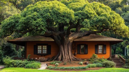 A cozy house nestled under a large, lush tree, surrounded by greenery and a peaceful garden.