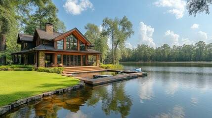 A beautiful lakefront home with a dock and boat sits on a grassy hill overlooking a lake under a sunny sky